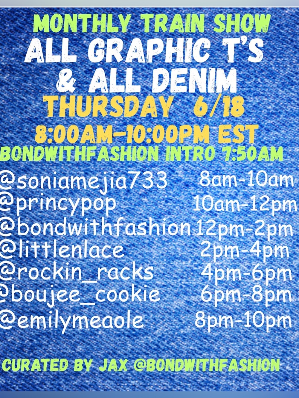 ALL GRAPHIC T’S & ALL DENIM TRAIN SHOW THURSDAY 6/18 8AM -10PM EASTERN TIME - Picture 1 of 12
